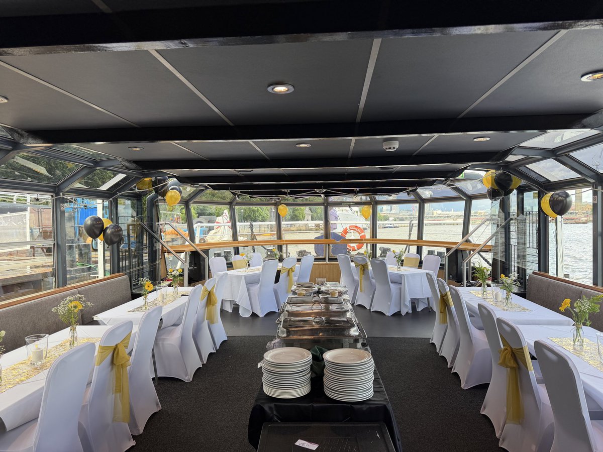 CorewireLtd's tweet photo. All set up and ready for our big 50th anniversary celebration cruise and party on the #Thames. The sun is threatening to make an appearance! 🌞 https://t.co/ZnbvcCJ1GS