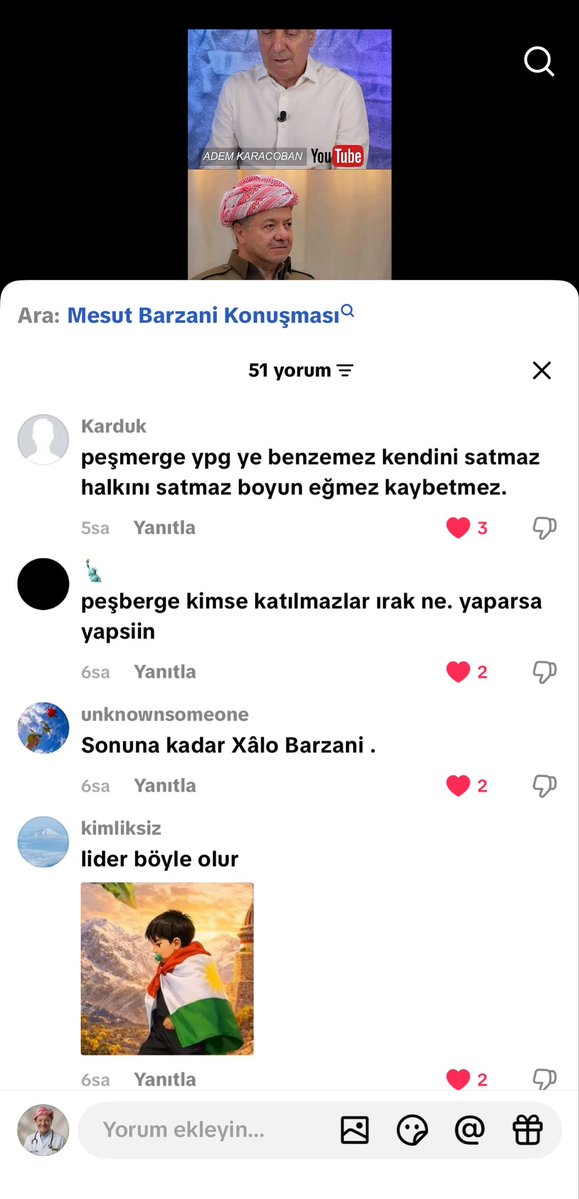 Docdorkurda's tweet photo. Adem KaraEşşek, Başkan Barzani’nin yapmış olduğu açıklamayı haber yapmış TikTok’ta paylaşmış buyrun yorumları okuyun ve böyle yüzlerce yorum var 

Adem sen Peşmergeleri Ypg’li korkaklar mı sandın.

Peşmergeler, Ypg ye benzemez milletini satmaz

Sayın Barzani diyeceksin İtin oğlu https://t.co/NPgPQB6N91
