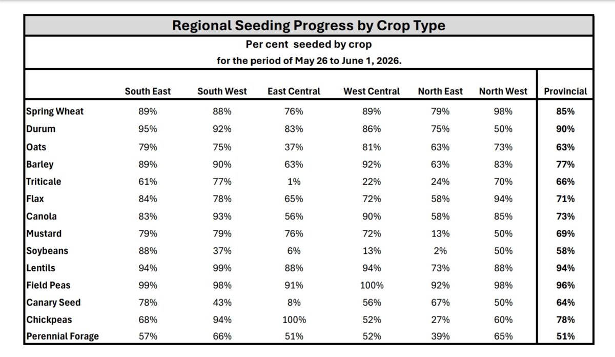 spiga_dorata's tweet photo. As of June 1st, 90% of durum was seeded in Saskatchewan ๐
Impressive progress in just 2 weeks, but that 10% still missing (8% in the South West) is terribly late... ๐
First rating of the durum crop โก๏ธ 90% good + excellent
#plant26 #durumwheat #bledur #granoduro #Canada ๐จ๐ฆ ๐พ