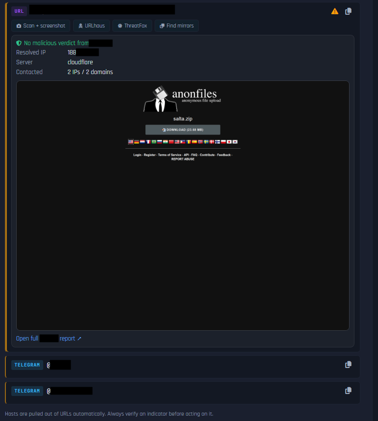 DarkWebInformer's tweet photo. Wanted to introduce the Scan screenshot feature that is coming to Threat Feed 3.0 later this month...

"Scan + screenshot" takes a link and opens it for you in a safe, sandboxed browser somewhere else, then shows you a picture of what that page looks like along with basic info about it (like its IP, server, and whether it seems malicious), so you never have to risk visiting the site yourself.

The OCR scan does the opposite direction: it looks at screenshots the alert already has and reads the text inside those images, pulling out useful details like web addresses so you can act on them. Since it's reading text from a picture, it can occasionally get a character wrong, so it's worth double-checking before you rely on anything it finds.

It will pull anything from Telegram users/channels, Session IDs, TOX, pretty much any URLs, etc and allows you to click a copy button to copy for ease of use.