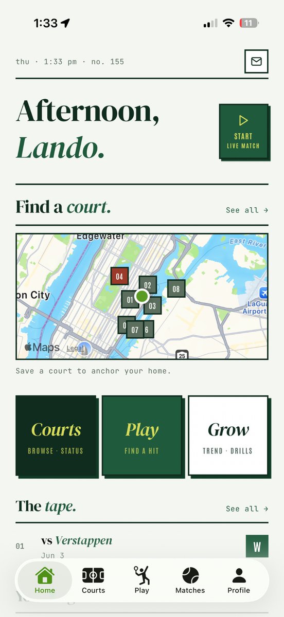 AlbertPCoh's tweet photo. @ReignEnjoyer @benhylak First: THANK YOU I love feedback and this is helpful

Noting the spacing issues, I think the italic gives a disjointed look at times with the gap. The courts screen itself is primarily hinging on availability and distance. Would love your feedback on this screen (home) https://t.co/zsofT0sJlU