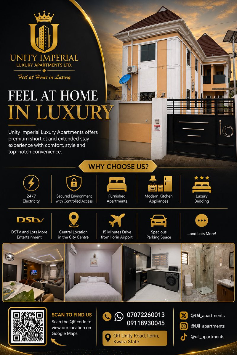 Uil_apartments's tweet photo. Welcome to your new favorite address in Ilorin.

Where sophistication meets comfort.

✨ Book your stay today.

#LuxuryAccommodation #IlorinHotelsAlternative #StayInStyle https://t.co/JjfxMkobl8