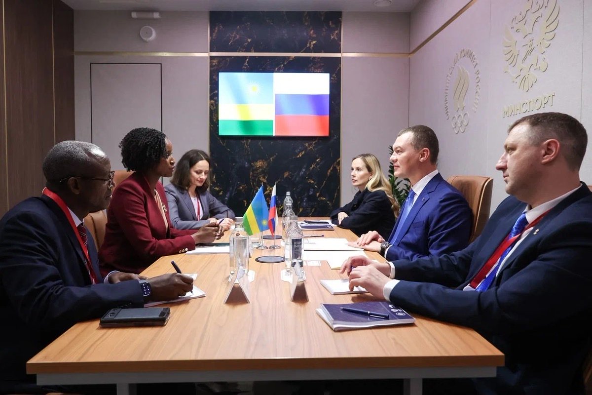 Rwanda_Sports's tweet photo. Today in Russia, Minister @nmukazayire held a bilateral meeting with @degtyarev_info, Minister of Sports of the Russian Federation, to strengthen cooperation under the Memorandum of Understanding on sports. 
Discussions focused on sports development, capacity building, knowledge exchange, and promoting sport for all. Minister Nelly emphasized the importance of moving from paper to concrete action to deliver tangible results through the partnership.

#RwandaSports
