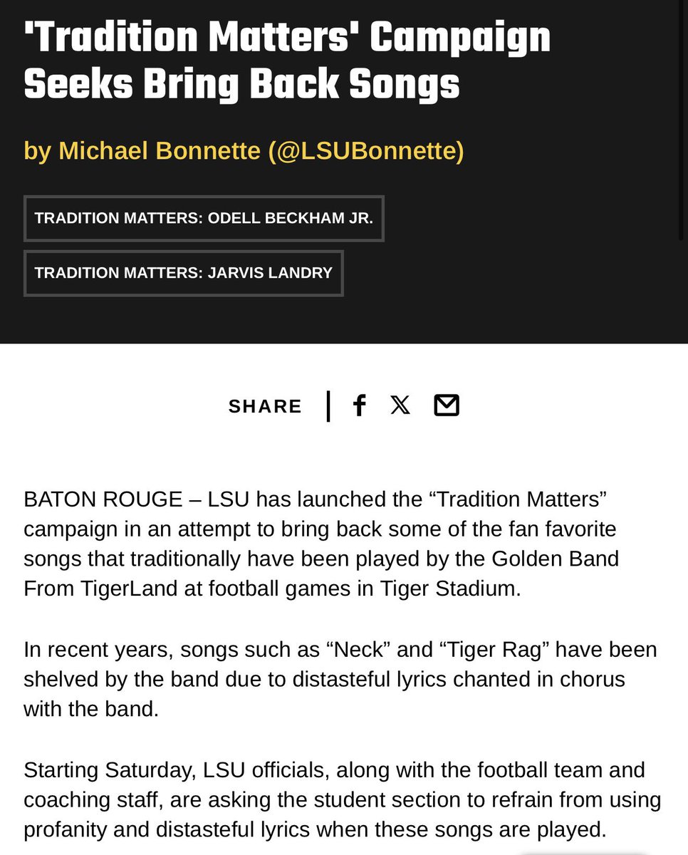 PGuy77's tweet photo. Love or hate the “STTDB” chant there’s no denying #LSU has made a lot of effort to curb it.

It has refused to let the band play Neck for more than a decade. 

In 2013, it ran a “Keep it Clean” / “Tradition Matters” campaign with Odell Beckham Jr. and Jarvis Landry.

The stadium management pumps in music intentionally  to drown out / deter the chant. 

Love it or hate it, there’s just not much that can be done to prevent tens of thousands of intoxicated and hyped up fans and students from screaming their favorite obscenities.