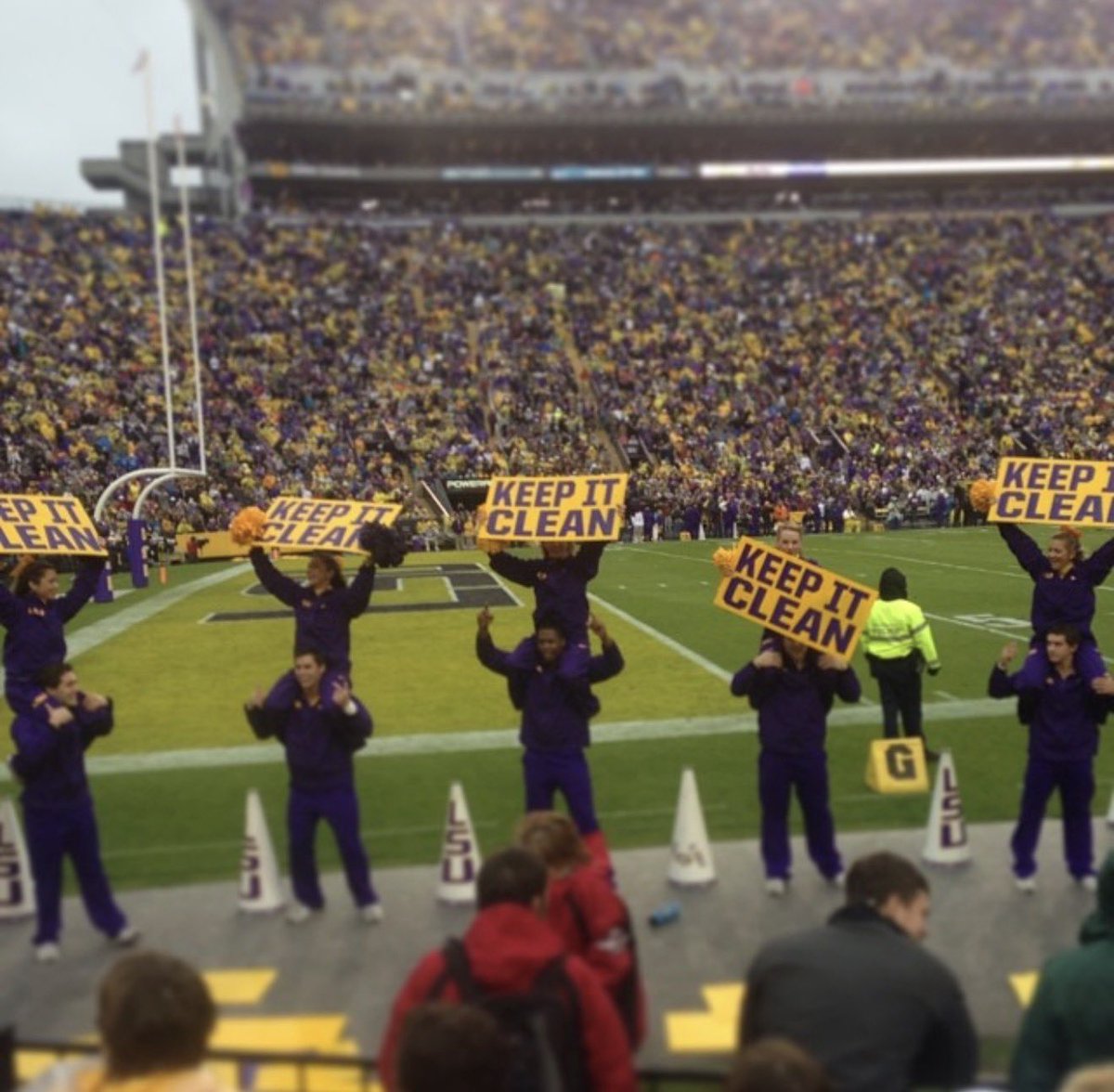 PGuy77's tweet photo. Love or hate the “STTDB” chant there’s no denying #LSU has made a lot of effort to curb it.

It has refused to let the band play Neck for more than a decade. 

In 2013, it ran a “Keep it Clean” / “Tradition Matters” campaign with Odell Beckham Jr. and Jarvis Landry.

The stadium management pumps in music intentionally  to drown out / deter the chant. 

Love it or hate it, there’s just not much that can be done to prevent tens of thousands of intoxicated and hyped up fans and students from screaming their favorite obscenities.