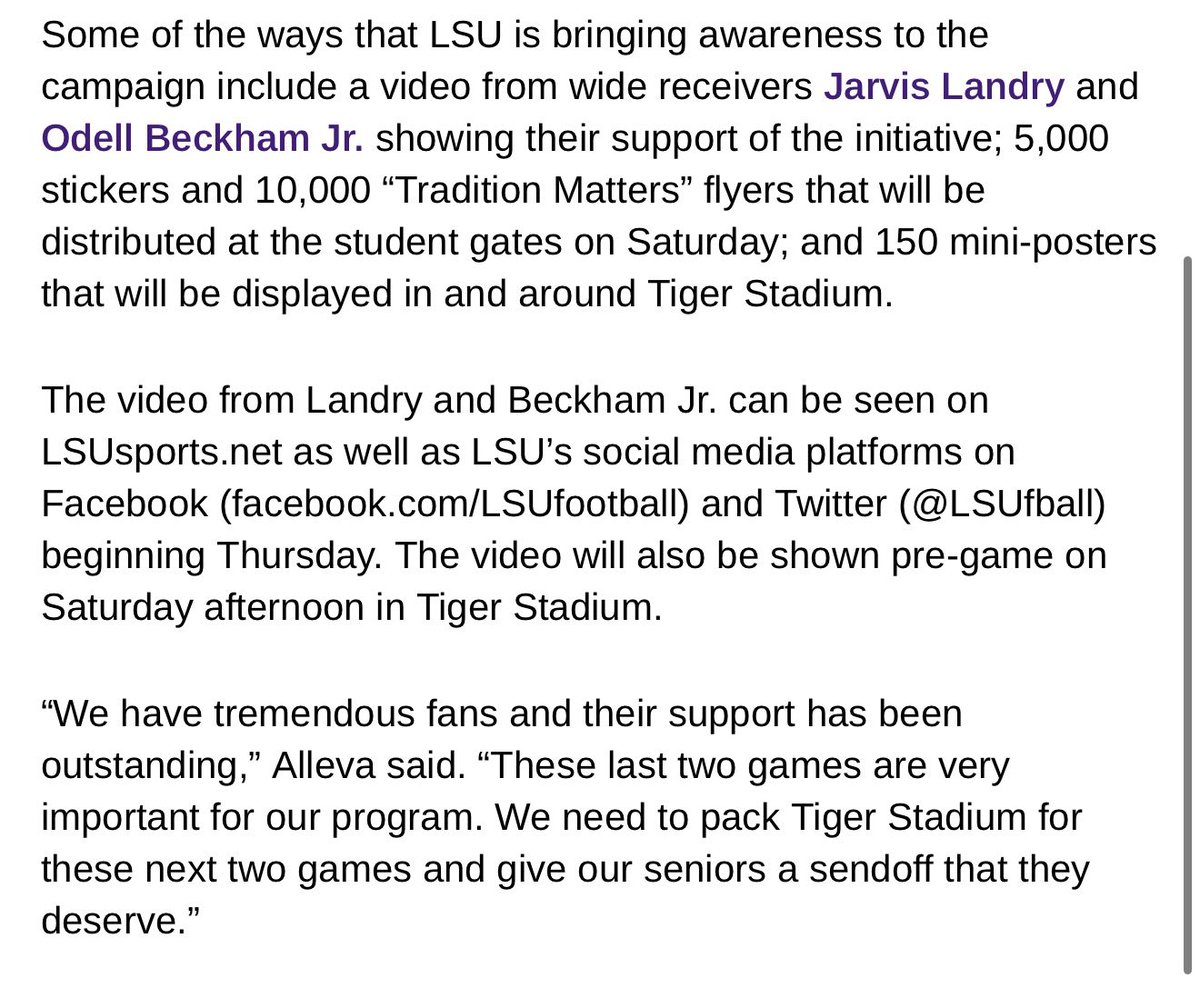 PGuy77's tweet photo. Love or hate the “STTDB” chant there’s no denying #LSU has made a lot of effort to curb it.

It has refused to let the band play Neck for more than a decade. 

In 2013, it ran a “Keep it Clean” / “Tradition Matters” campaign with Odell Beckham Jr. and Jarvis Landry.

The stadium management pumps in music intentionally  to drown out / deter the chant. 

Love it or hate it, there’s just not much that can be done to prevent tens of thousands of intoxicated and hyped up fans and students from screaming their favorite obscenities.