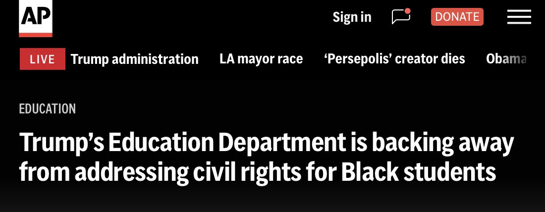 usedgov's tweet photo. This headline is inaccurate and dangerous. It’s typical of @AP to cast ED’s important civil rights investigations as black vs. white issues when we see students of ALL races struggle academically.

To allocate resources disproportionately to students of one race at the expense of others is not only a violation of civil rights law, but an infringement upon the basic fairness to which all students are entitled.