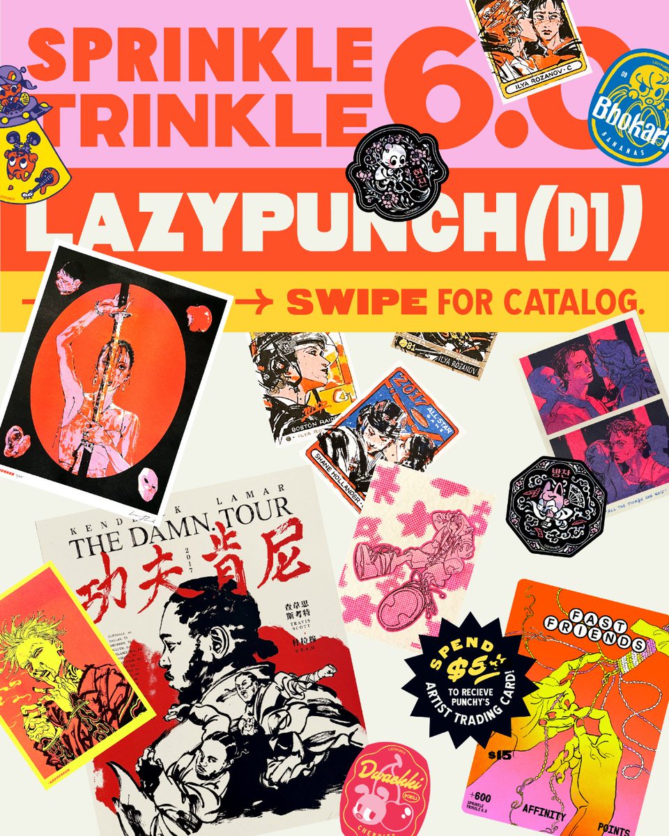 LAZYPUNCH's tweet photo. ayo we back!! here’s my catalog for #sprinkletrinkletown this weekend six sevennnn. i’ll be at table D1! spend $5+ and you get my artist trading card～

↓ see thread for more info &amp; stamp rallies https://t.co/IfwpYNVObG