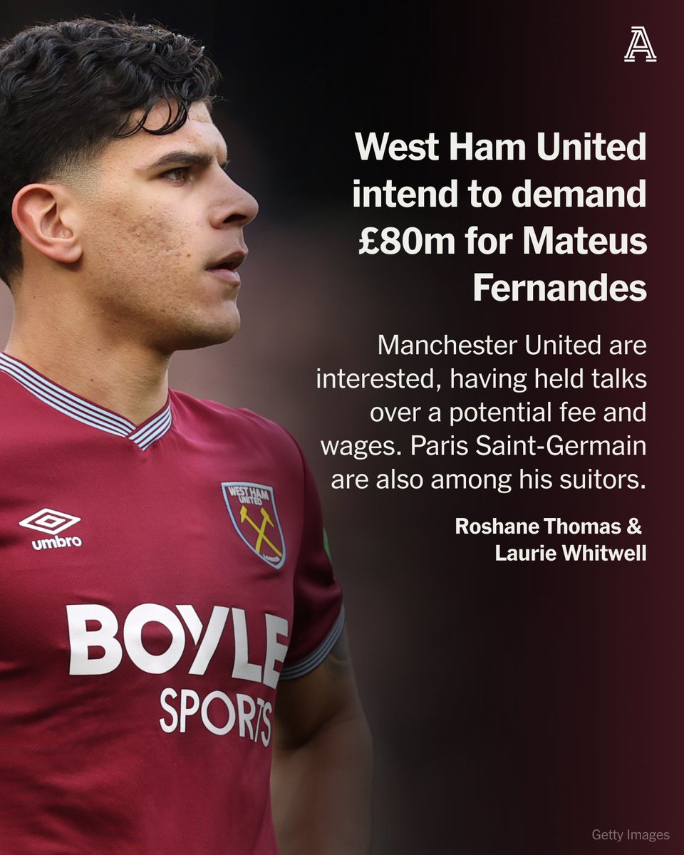 TheAthleticFC's tweet photo. West Ham United intend to set an asking price of £80million ($108m) for midfielder Mateus Fernandes.

The relegated club need to raise £150m this summer and Fernandes is one of their most saleable assets. The Portugal international joined for £38m last summer from Southampton, who negotiated a 15 per cent sell-on fee.

Manchester United are interested in signing the 21-year-old, having held talks over a potential fee and wages. Paris Saint-Germain are also among his suitors.

West Ham are yet to receive any approaches for Fernandes.

More from @RoshaneSport & @lauriewhitwell 

FREE READ 🔗 https://t.co/2iSyQGIfOK