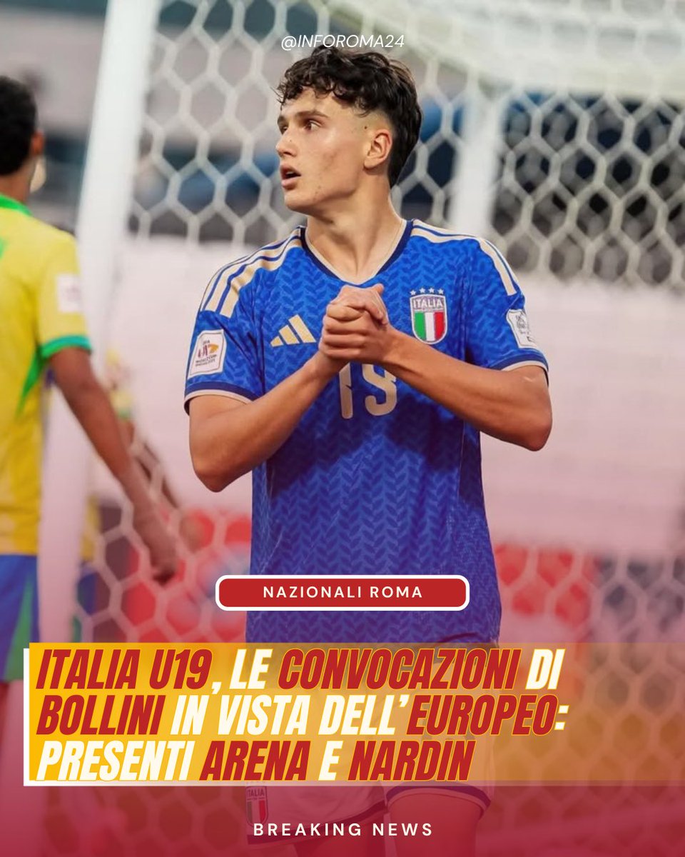 inforoma24's tweet photo. 🟡🔴 Il ct #Bollini ha diramato la lista dei convocati per l’Europeo Under 19, in programma dal 28 giugno all’11 luglio in #Galles.  

👏🏻 Tra i selezionati, due giocatori dell’#ASRoma: il difensore #Nardin e l’attaccante #Arena, unico classe 2009 in rosa. https://t.co/WnRnlNhf2u
