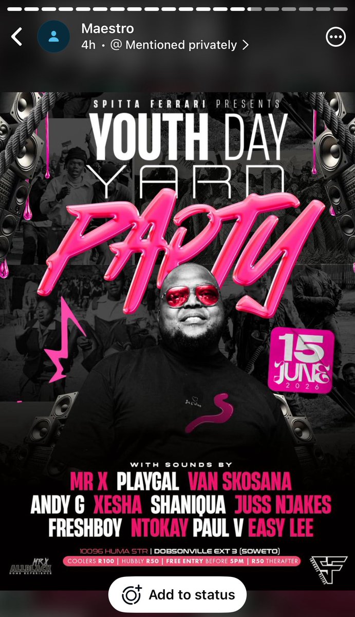 Spitta_Ferrari's tweet photo. A gathering for the for the people by the people. 

Tuesday ku worse abelungu ba dagiwe its a holiday. 

📅 : 15 June 2026 

📍10096 Huma Street Dobsonville Ext 3 https://t.co/PsxW6msvK1