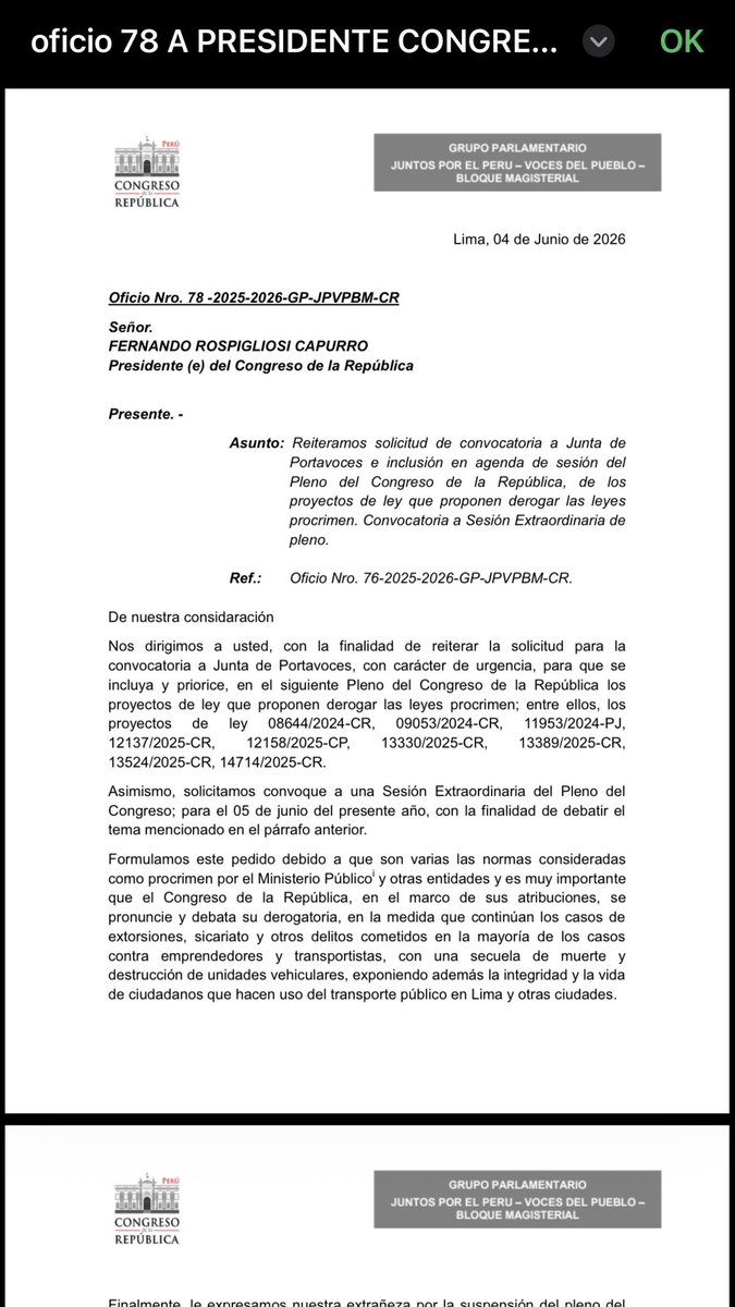 SofiaLopezLl's tweet photo. El candidato presidencial Roberto Sánchez reitera su petición al presidente del Congreso, Fernando Rospigliosi, para convocar a Junta de Portavoces e incluir en la agenda del pleno la derogatoria de las denominadas leyes procrimen. https://t.co/f1b7qqqfHY