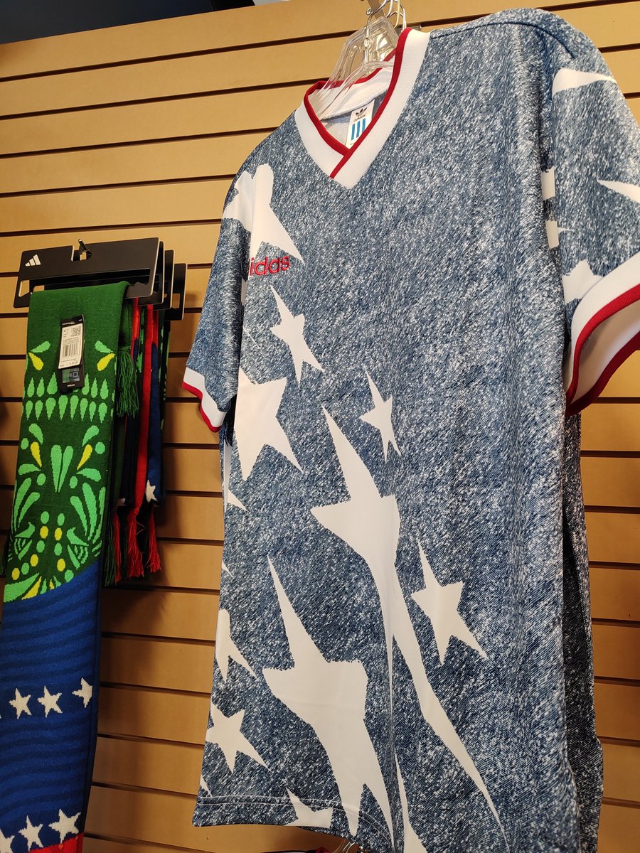 SoccerCenterSB's tweet photo. A touch of nostalgia for your Thursday. One week out from the start of the biggest World Cup ever. This @adidasfootball graphic jersey is a nod to the USA team of '94, known as the Denim Jersey. It's not actually denim, but the design is iconic.
#usa94
#denimjersey
#lovethegame https://t.co/ayTLer5HtE