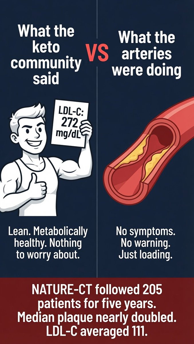 Tellit007's tweet photo. The keto community spent years telling lean, metabolically healthy people their LDL-C of 272 was nothing to worry about.

NATURE-CT just published five years of data on what nothing to worry about looks like from the inside.

Choose wisely my friends. https://t.co/7wT0wPzAcR