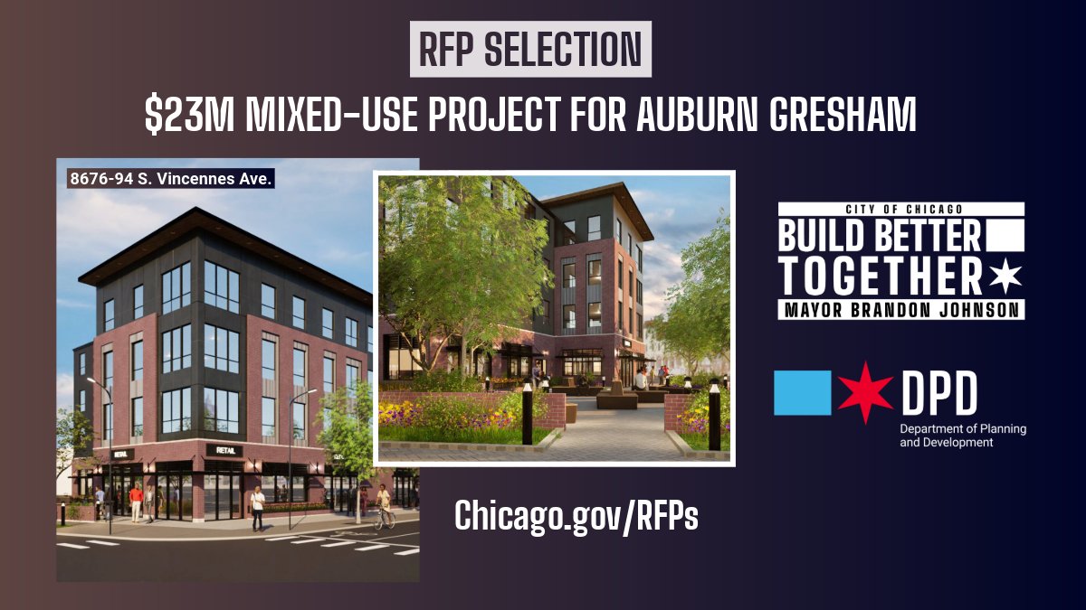ChicagoDPD's tweet photo. A $23 million mixed-use project was selected as the winning proposal for .84 acres of vacant land in Auburn Gresham. Led by GonSosa Development, the 65,812-square-foot building includes 46 mixed-income apartments, 12,000 square feet of retail space and outdoor parking. https://t.co/NvdBDFqQKn