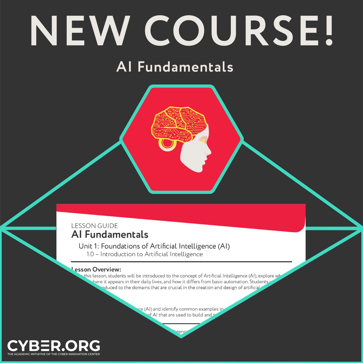 cyber_dot_org's tweet photo. 📣 Announcing our new high school course: AI   Fundamentals! This course explores how AI uses data, algorithms, and machine learning to solve   problems, generate content, and more. Prepare your students to be informed AI users and critical thinkers! Sign up for access to the course here: https://t.co/hV3ARK4kxD