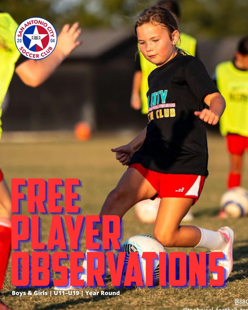 sacitysc's tweet photo. Your next chapter starts with one training session. ⚽️

SA City offers free Player Observations year round for boys and girls U11–U19. No tryout pressure. No commitment. Just come out, play your game, and let our coaching staff see what you’re made of.

https://t.co/1fqQfNeKza https://t.co/vbon7reBjj
