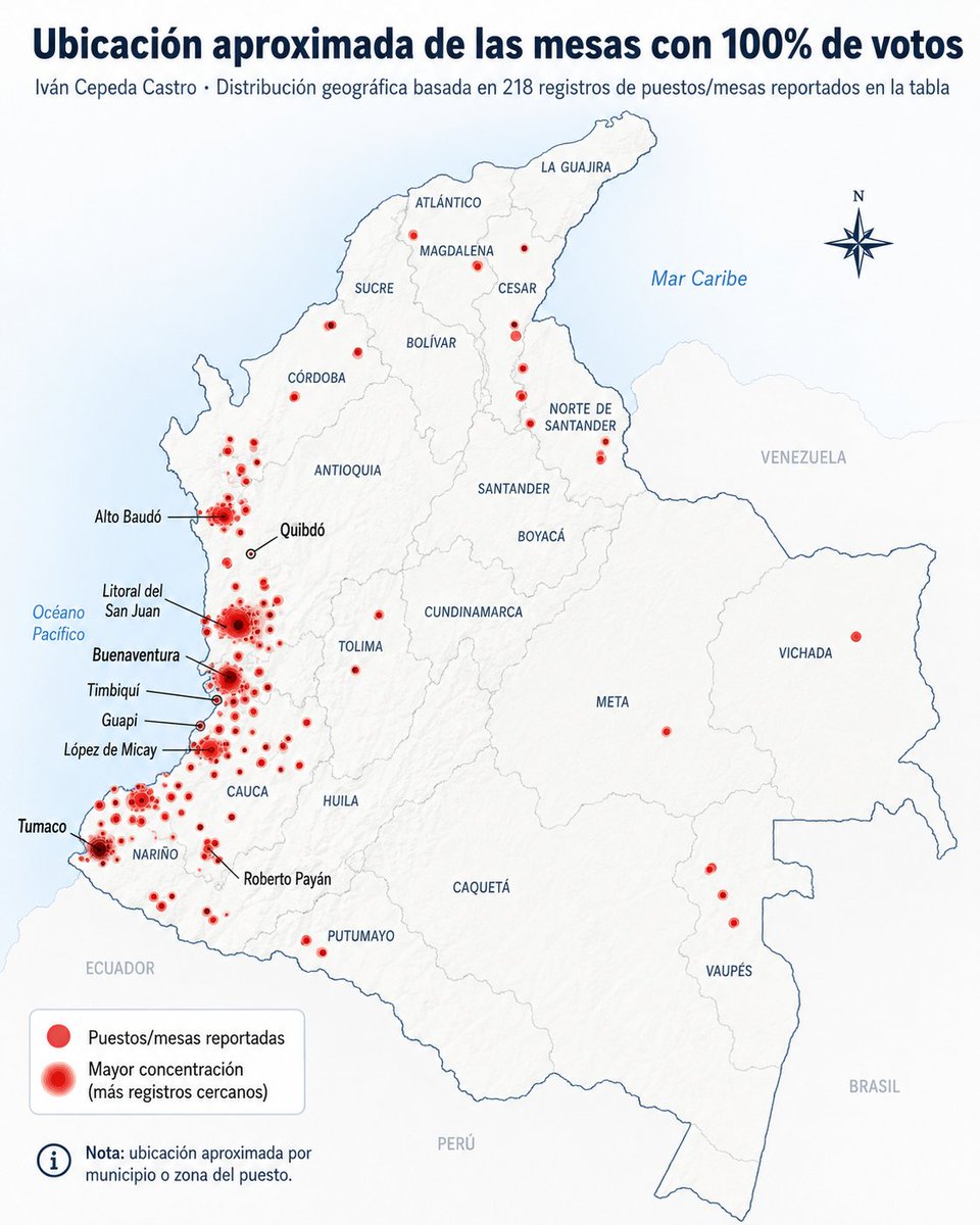 SantiGiraldoVal's tweet photo. Le pedí a la IA que me hiciera un mapa de calor sobre donde quedan las zonas e donde Iván Cepeda sacó el 100% de los votos y esta es la ubicación en el mapa de Colombia.

¿Qué tienen estas zonas en común? https://t.co/QFTH6GPb3r