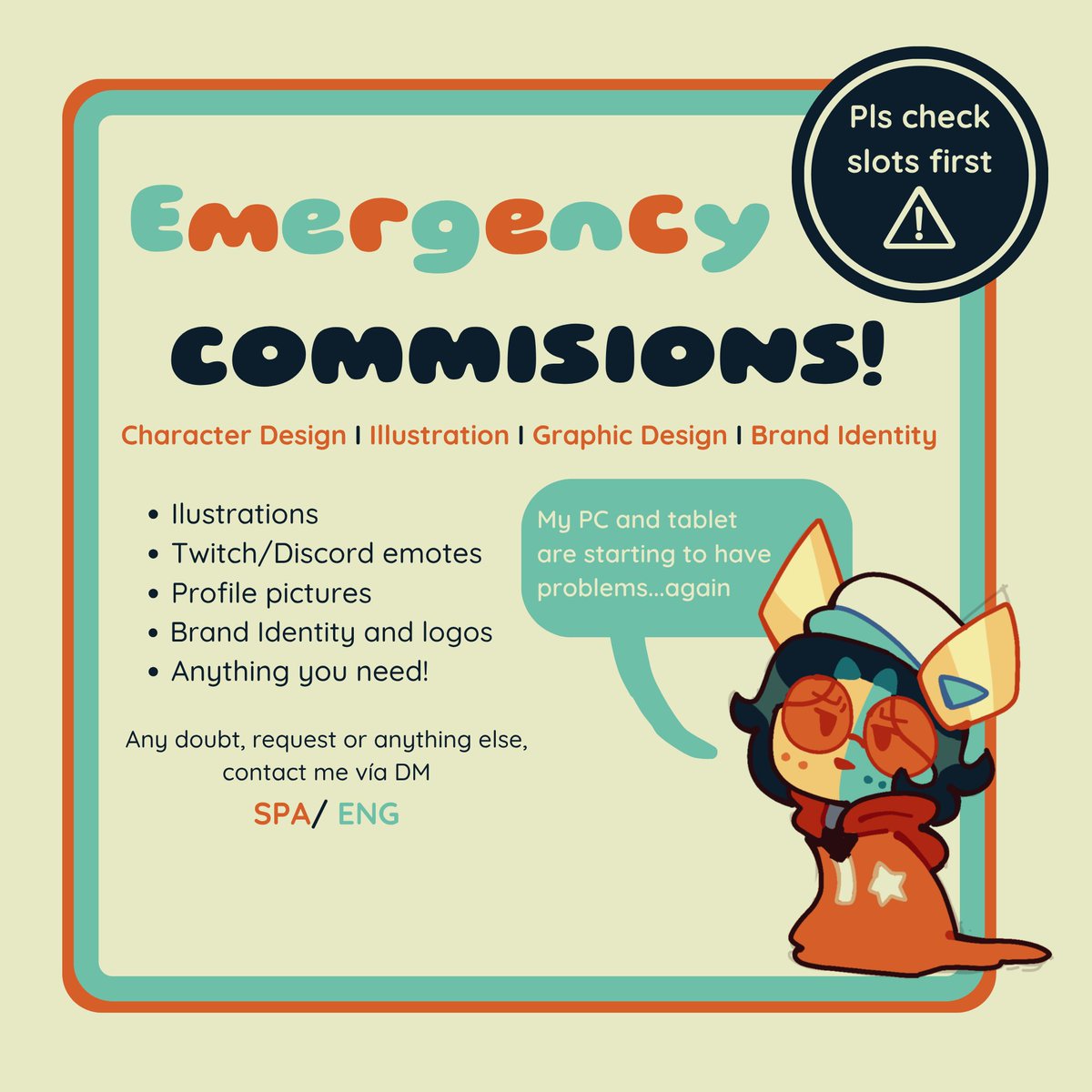 FivesnowNopales's tweet photo. Comisiones de emergencia abiertas!
No sé ¿cuánto le quede ya a la pc? y necesitaré comprarle aunque sean básicos algunas cosas

Cualquiera de las comisiones me van a ayudar mucho y si gustan cualquier otro trabajo de ilustración ó de diseño gráfico estoy abierto a ello también https://t.co/ueuMMPjSUk
