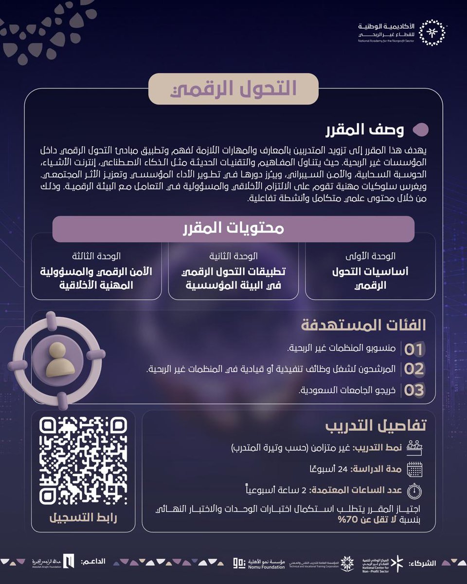 NPS_EDU's tweet photo. بعض التحديات لا تُحل بالجهد وحده، بل بالتقنية والابتكار.

إذا كنت تعمل في القطاع غير الربحي، ففهم التحول الرقمي أصبح ضرورة لبناء مؤسسات أكثر كفاءة وأثرًا.

#التحول_الرقمي
 #القطاع_غير_الربحي #الأكاديمية_الوطنية_للقطاع_غير_الربحي https://t.co/Q0X3b8cDFx