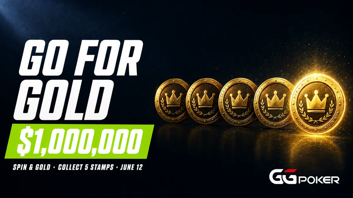VIPGrinderscom's tweet photo. $1,000,000.
That's the prize pool when GGPoker Go for Gold returns June 12 for Spin & Gold players.

5 stamps to win. Individual prizes up to $10,000.

It sits inside a $14M June Giveaway across the rest of the schedule.

Full breakdown: https://t.co/4zBatjPkW3

#GGPoker #Poker #PokerNews #OnlinePoker