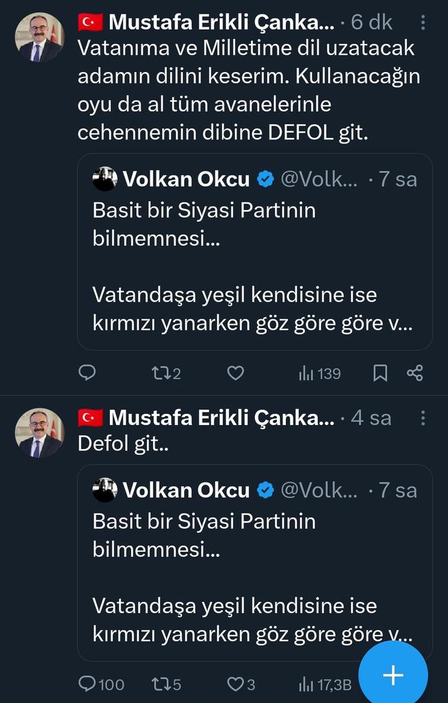 VolkanOkcuoglu's tweet photo. Sayın Fatih Erbakan @erbakanfatih @rprefahpartisi Başkanınız kendisini mafya zannetmiş herhalde dil falan kesecekmiş...

Açıkça beyan ediyorum bundan ötesi nefsi müdafaadır haydi bekliyorum... 

Sayın @abakingurlek @mustafaciftcitr arkadaş kendisini mafya zannediyor sanırım...

Basit bir siyasetçi vatandaşın canına kastedecek düzeyde bütün Kural ihlallerini yaparak masum bir insanın canını yakıyor ve bunu kendisine hak gibi görenler var...

Bu eleştirildiği zaman da tehdit başlıyor ne cesaretse...

@MustafaErikliRP yanlış kayaya çarptın. O tehdidini hemen yerine getiremezsen avradının fistanını giy öyle çık sokağa, haydi bakalım erkekliğini görelim...