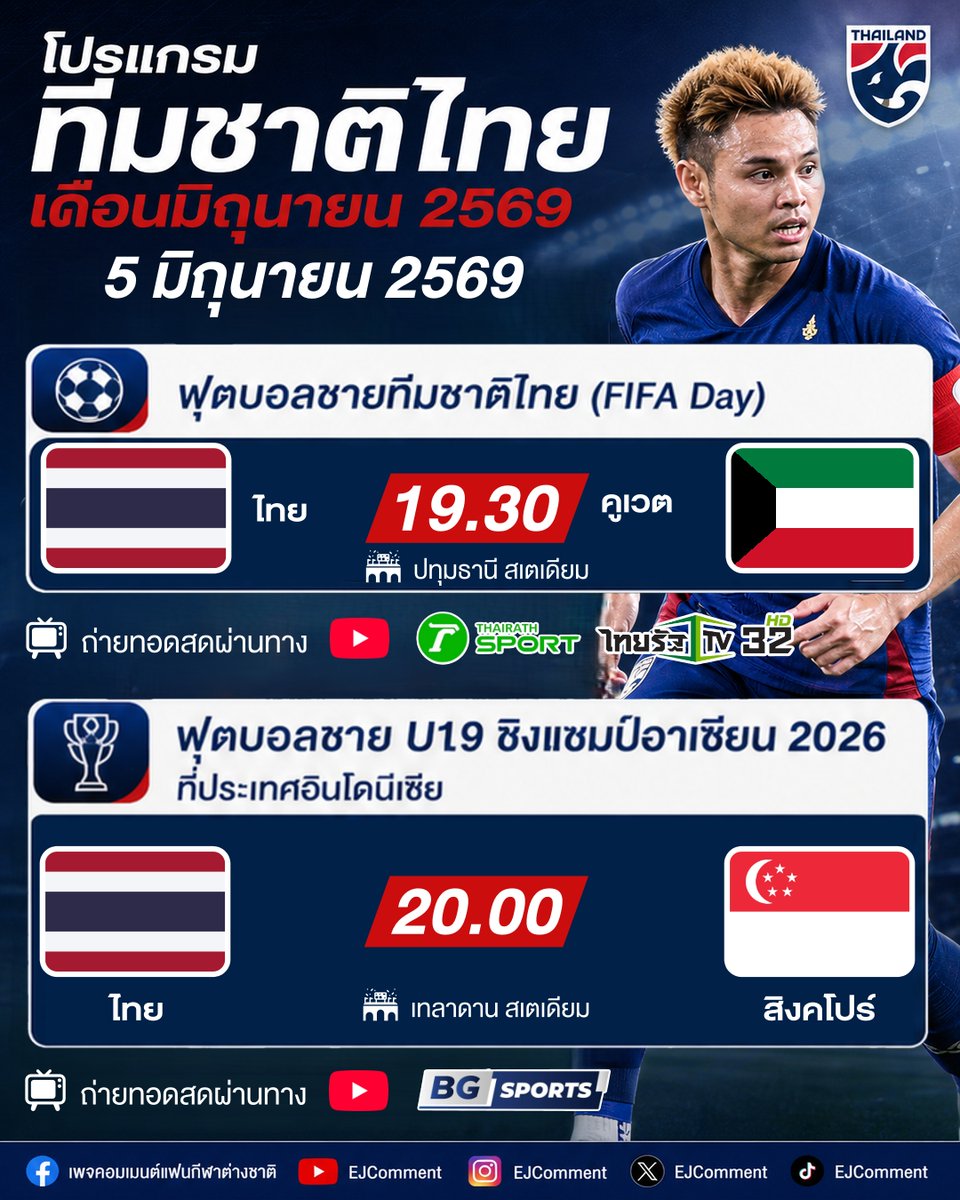 EJComment's tweet photo. 🟦 ทีมชาติไทยชุดใหญ่ – FIFA Day เดือนมิถุนายน
📅 5 มิ.ย. 2569
⏰ 19.30 น. 🇹🇭 ไทย พบ คูเวต 🇰🇼
🏟 ปทุมธานี สเตเดียม
.
🟦 ASEAN U19 Boys' Championship 2026 (อินโดนีเซีย)
#Matchday2
📅 5 มิ.ย. 2569
⏰ 20.00 น. 🇸🇬 สิงคโปร์ พบ ไทย 🇹🇭
🏟 เทลาดาน สเตเดียม https://t.co/4BEKMEbjFa