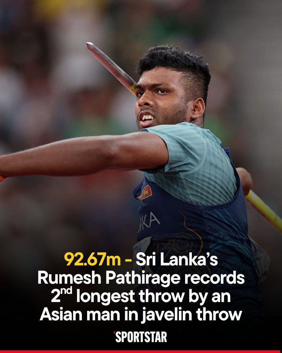 sportstarweb's tweet photo. 𝐑𝐮𝐦𝐞𝐬𝐡 𝐏𝐚𝐭𝐡𝐢𝐫𝐚𝐠𝐞 𝐠𝐨𝐞𝐬 𝐛𝐢𝐠 𝐢𝐧 𝐑𝐨𝐦𝐞!

Sri Lanka's Pathirage records an effort of 92.67m - the second longest throw ever by an Asian in men's javelin throw during the Diamond League meeting in the Italian capital.

Read @jon_selvaraj's piece on how Pathirage ditched cricket’s fast lane to soar into the skies: https://t.co/3Tli6pQ65a

📸 Getty Images