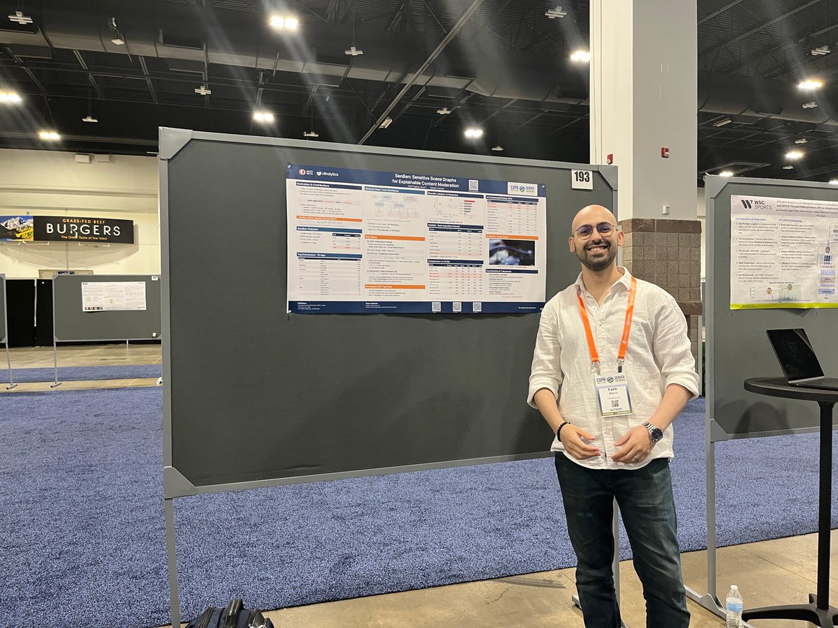 fcakyon's tweet photo. 1st day at @CVPR was fun 😎

☑️ Presented our paper, SenBen (Sensitive Benchmark), introducing a new dataset with explicit images and labels for vision-language models and a new metric to evaluate VLM's. Also, several tricks that improve the multimodal multitask generation capabilities of autoregressive models 👌 
☑️ Published the @Ultralytics YOLO26 paper at Arxiv.
☑️ Joined some sessions with my PhD advisor, Prof. Alptekin Temizel.

Also met with amazing people from the open-source community (everyone is asking about the YOLO26 paper 😂)
