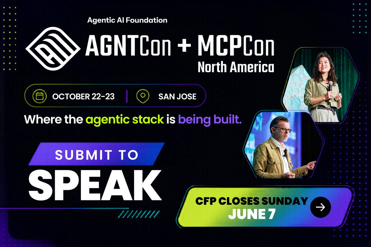 linuxfoundation's tweet photo. ⏰ 4 days left. The CFP for #AGNTCon + #MCPCon North America closes June 7 at 11:59 PM PDT. If you've been sitting on a proposal, now's the time. Agent architectures, MCP design, evals, multi-agent systems, production deployments & more. San Jose, Oct. 22–23.
🎤 Submit by the Sunday deadline → https://t.co/aOSqEks8YO
🎟️ Early bird reg open: https://t.co/JnR3a0r4C5