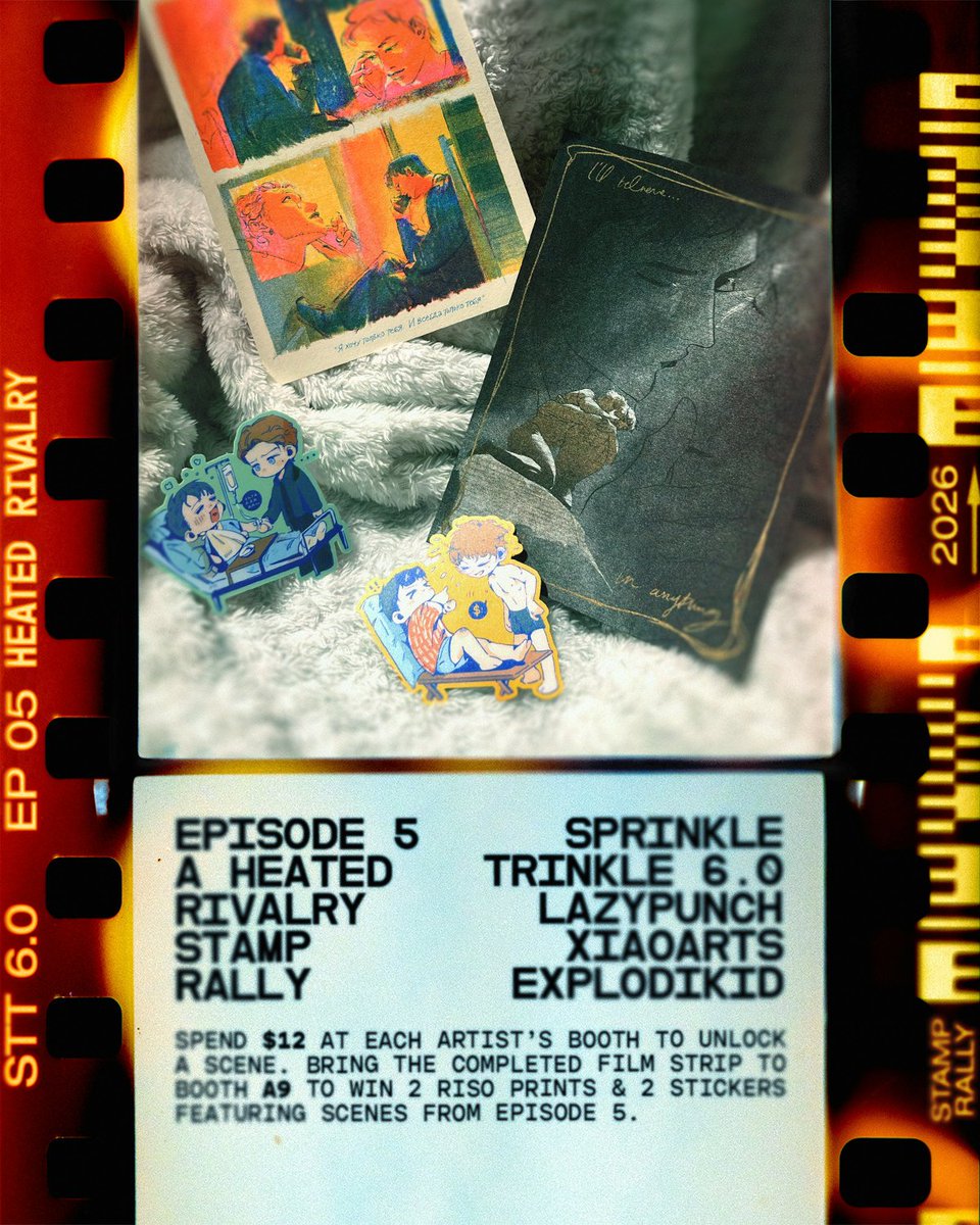 LAZYPUNCH's tweet photo. EPISODE 5: a heated rivalry stamp rally

at #sprinkletrinkletown this upcoming weekend!! spend $12+ at each booth to win 2 riso prints and 2 stickers that pay homage to iconic scenes from episode 5.

🎬 @lazypunch — D1
🎞️ @xiaoarts — D2
🎥 @explodikid — A9 (*prize pickup) https://t.co/IegGXwpblH