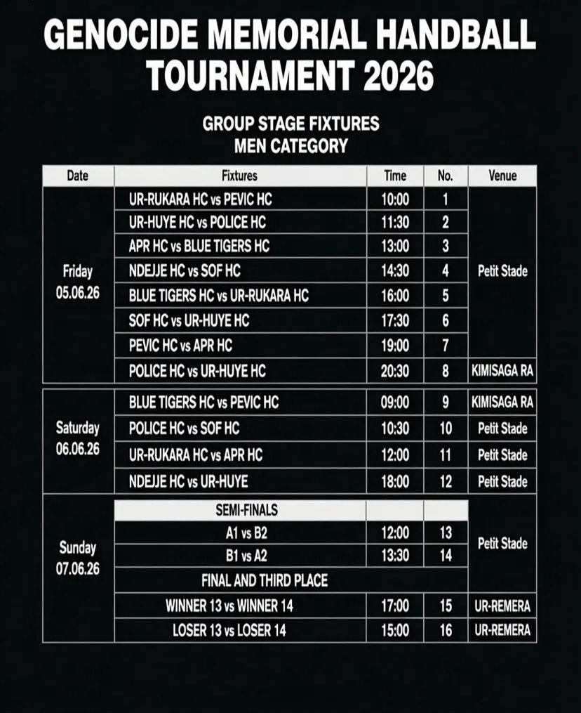 izubaradio_tv's tweet photo. Irushanwa rya Jenoside Memorial Handball Tournament 2026 rizaba kuva Tariki 5 kugeza Tariki 7 Kamena 2026. Rizabera Petit stade, Kimisagara na UR Remera.
#ferwahand https://t.co/EGbNbDR2Kv