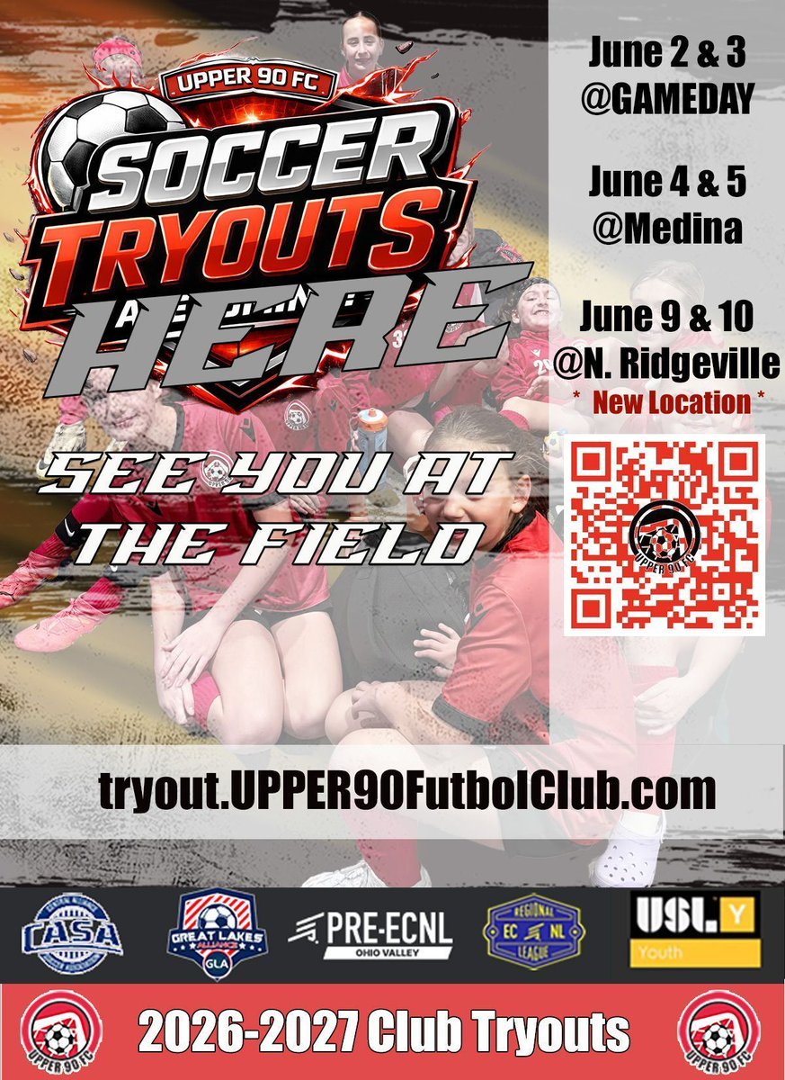 UPPER90FClub's tweet photo. UPPER 90 FC 26/27 OPEN Tryout start this week. You still have time to register. https://t.co/fcd4308kp3

@Medina 6/4 &amp; 6/5
Buckeye Woods field #6 - 6335 Wedgewood Road, Medina OH 44256 

@N Ridgeville 6/9 &amp; 6/10
Lake Ridge Academy - 37501 Center Ridge Road, N Ridgeville, OH 44039 https://t.co/xlEGhd3ya5