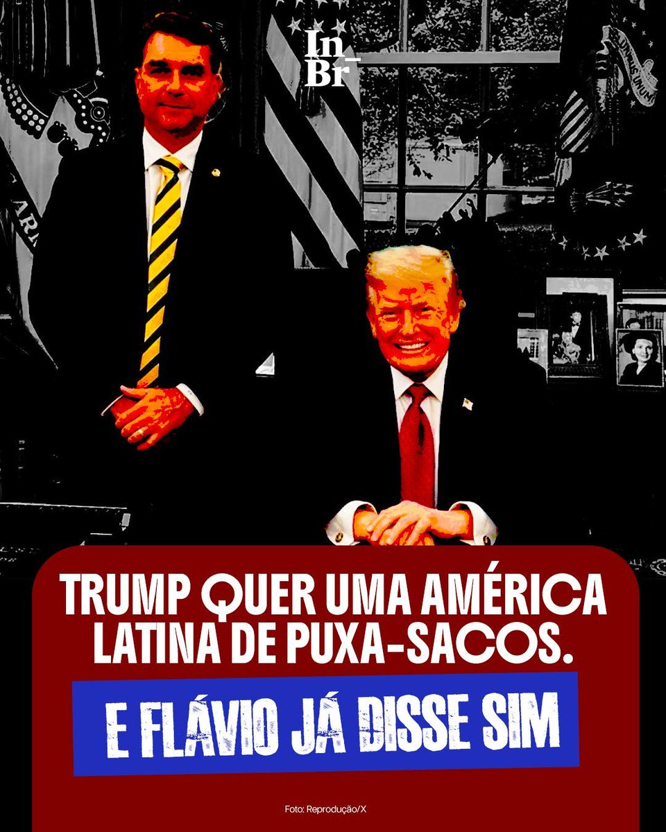 TheInterceptBr's tweet photo. Depois da visita de Flávio Bolsonaro aos EUA, o governo de Donald Trump sinalizou a intenção de impor tarifas de 25% sobre alguns produtos importados do Brasil, alegando motivos como a existência do Pix.

É mais um capítulo da Doutrina Donroe, a versão de Trump para a velha política externa de interferência dos EUA nos países da América Latina. Leia mais no site do Intercept Brasil: https://t.co/z1P0MKmXEi