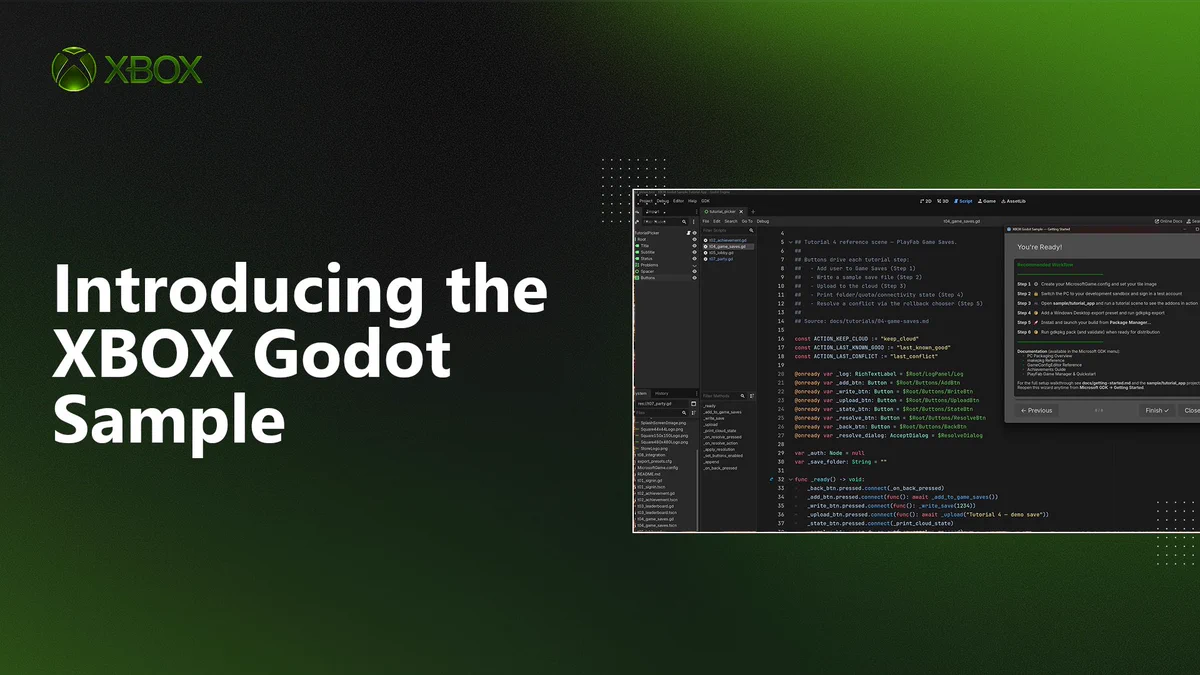 Graphic with a dark green-to-black gradient background and the XBOX logo in the top left. Large white text on the left reads “Introducing the XBOX Godot Sample.” On the right, a screenshot shows a dark-themed code editor with lines of code. (Alt generated by Microsoft Copliot and reviewed for accuracy)