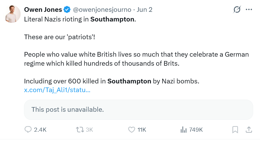 UrbanWordsmith's tweet photo. Man who wants the Jews wiped off the map accuses people angry about two-tier, racist policing of being Nazis.

There is no reality in which Owen Jones is anything except a poisonous villain. https://t.co/d8HM3lV898