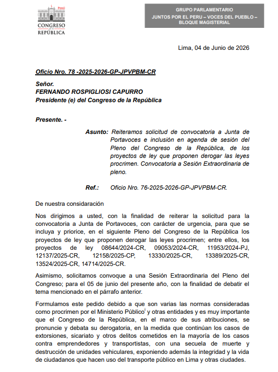 congrezoope's tweet photo. Roberto Sánchez envió hoy un oficio reiterativo a Fernando Rospigliosi y le pide convocar a Junta de Portavoces y  un pleno extraordinario para abordar la derogatoria de leyes procrimen.

El partido de Keiko Fujimori suspendió el pleno de esta semana. Algo inédito en el Congreso. https://t.co/fHs42jUcGV