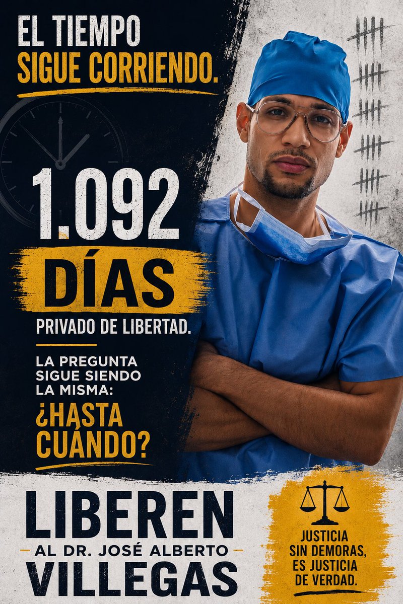 JoseAVJLibertad's tweet photo. El tiempo sigue avanzando, pero la justicia parece haberse detenido.

Cada día que pasa sin respuesta prolonga la incertidumbre, el sufrimiento de la familia y la espera de quien se sabe INOCENTE.

#LibertadParaDrVillegas

@Migue1Caro
@LuisCarlos
@TAMARA_SUJU https://t.co/253yRm329b