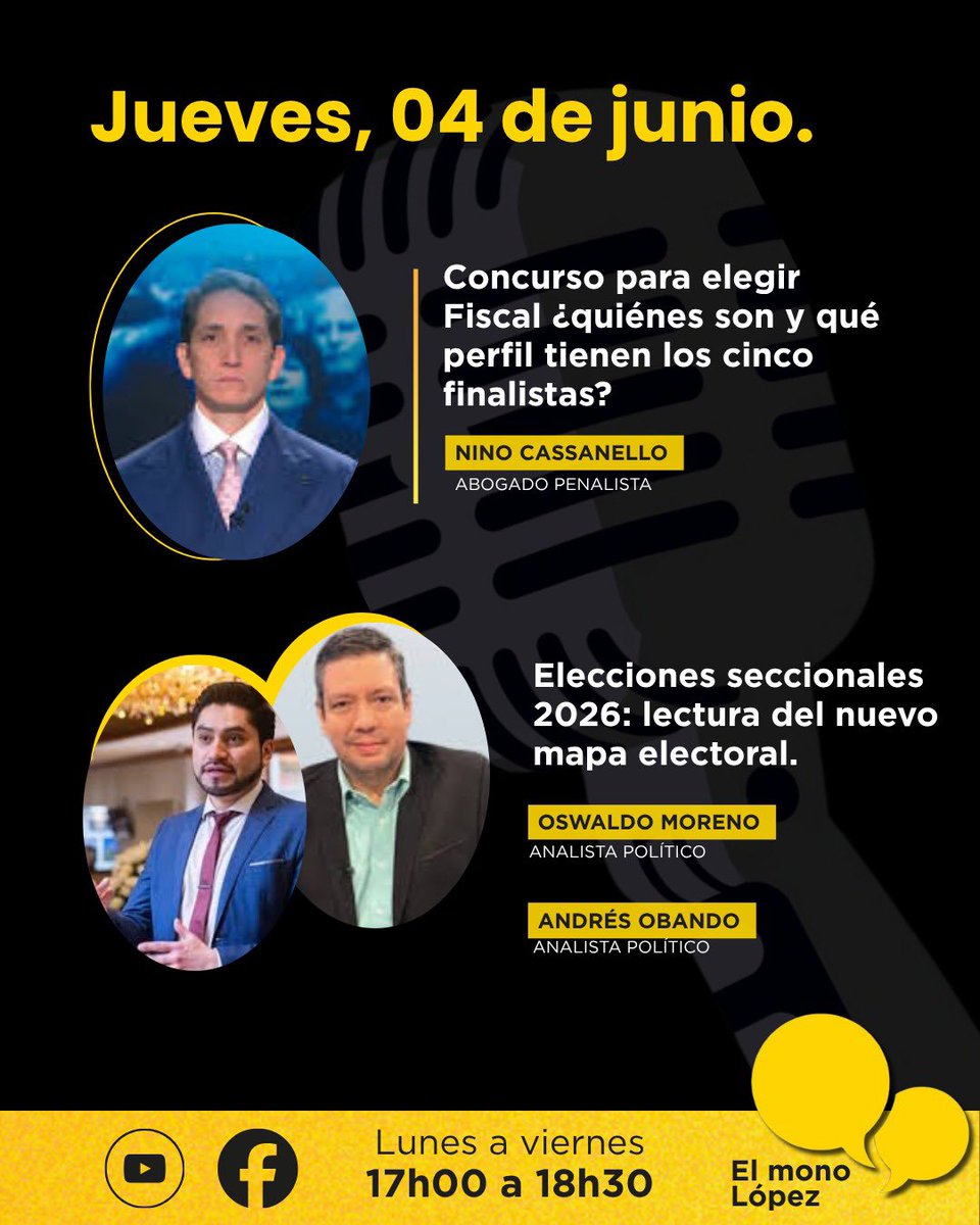 andreselmonol's tweet photo. 📅 Jueves, 04 de junio | 17h00

🎙️ Nino Cassenello
🎙️ Oswaldo Moreno 
🎙️ Andrés Obando 

Los esperamos ☝🏻 https://t.co/OAvgNjTpxo