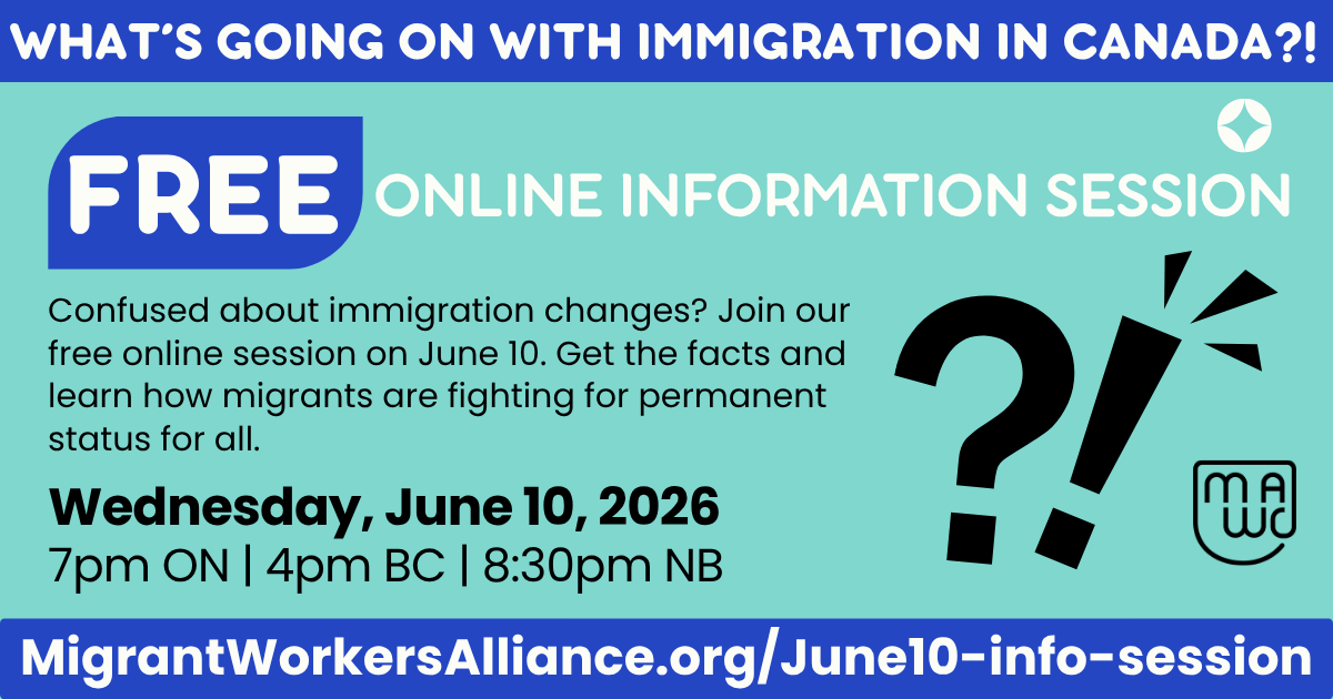 MWACCanada's tweet photo. Confused about immigration changes in Canada?
Join our free online session on June 10. Get the facts on recent changes and learn how migrants are fighting for permanent #statusforall.
๐ Register now! https://t.co/R0EKdXc1Dc https://t.co/yN6oroPXTC