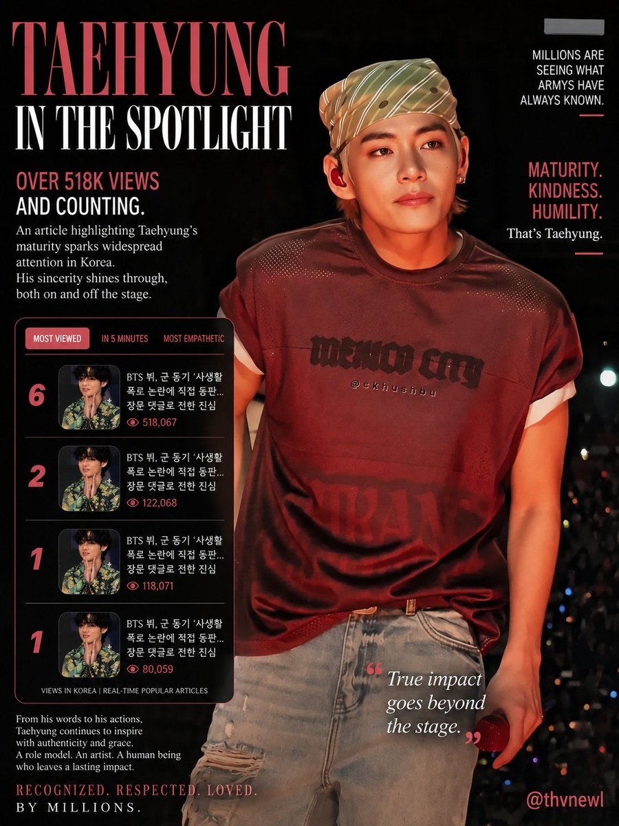 thvnewl's tweet photo. More than talent, records, or popularity, one of Kim Taehyung’s greatest qualities has always been the person he is 😭💜

Seeing an article about his maturity, personality, and character surpass 500K views shows that people admire not only the artist, but also the human being behind him. In an industry that moves so quickly, continuing to be recognized for his kindness, authenticity, and the way he carries himself is truly special.

Taehyung won the world over with his artistry, but it is his character that makes so many people stay. And perhaps that is exactly why he continues to inspire and be loved by millions around the globe.

That is what real influence looks like ✨