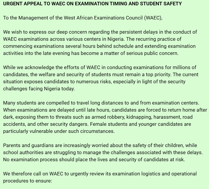 JoshuaMuraina's tweet photo. *URGENT APPEAL TO WAEC ON EXAMINATION TIMING AND STUDENT SAFETY*

To the Management of the West African Examinations Council (WAEC),

We wish to express our deep concern regarding the persistent delays in the conduct of WAEC examinations across various centers in Nigeria. https://t.co/8rlKIj5UpC