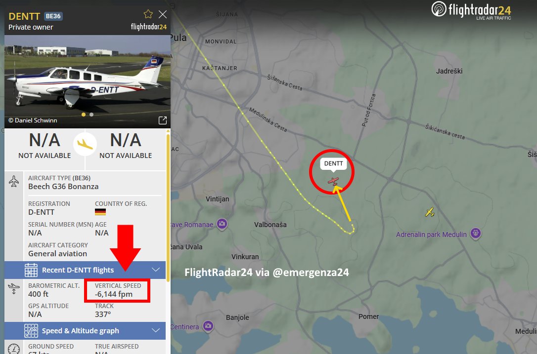 Emergenza24's tweet photo. [04.06-20:00] #Medulin #Medolino #Istria #Croazia #Croatia #INCIDENTE AEREO Beechcraft G36 Bonanza (D-ENTT) decollato da #Lienz-Nikolsdorf Airfield #LOKL in Austria è precipitato (11:14 ore italiane) nei pressi di #aeroporto Stanzia Marinoni #Campanož
Morte le 4 persone a bordo https://t.co/ap1v6KQufD