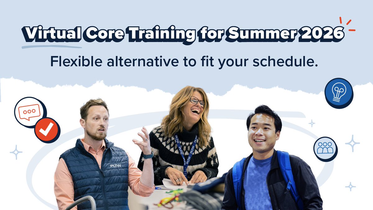 PLTWorg's tweet photo. 😎 Virtual Core Training makes PLTW accessible no matter what your summer plans might be!

📌 Join an online cohort.
👥 Collaborate through engaging digital tools.
💪 Prepare to bring real-world learning to your students.
...all from the comfort of home, your local coffee shop, or your favorite hang-out.

Register TODAY!
Choose the virtual session that fits your schedule. 
https://t.co/HJAunA5SeD