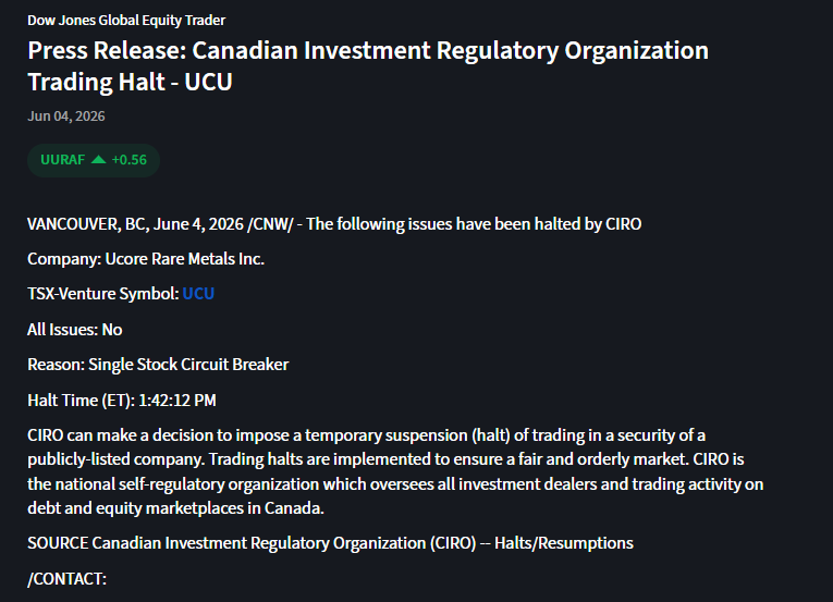 RulingTheMarket's tweet photo. $UURAF $UCU.V 

News - halted now trading - but I can't find anything. https://t.co/RgLbwZMpzN