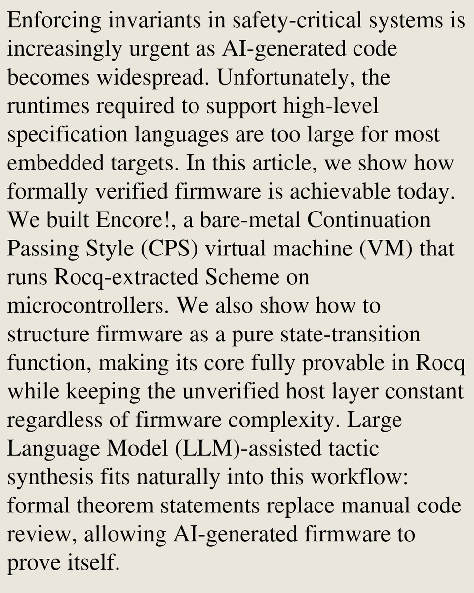 ProgPapers's tweet photo. From Rocq to Metal: A Pipeline for Formally Verified Microcontroller Firmware

Valentin Bergeron, Karolina Gorna
https://t.co/rYTOQUCfsY [𝚌𝚜.𝙿𝙻 𝚌𝚜.𝙻𝙾 𝚌𝚜.𝚂𝙴] https://t.co/WbvcbrLWK6