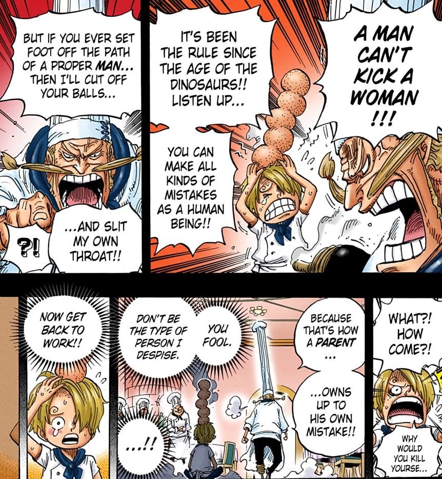 Ruboticks's tweet photo. @MelonTeee @katta_zosa Yes! I was just thinking that Sanji's sacrificial nature also extends to his own masculinity. There's this scene that is sweet in context but also shows that Sanji feels like he owes being a man to Zeff. He can't "fail" at manhood and hurt his dad, he'd rather be miserable imo :( https://t.co/OMEYFNsDYM