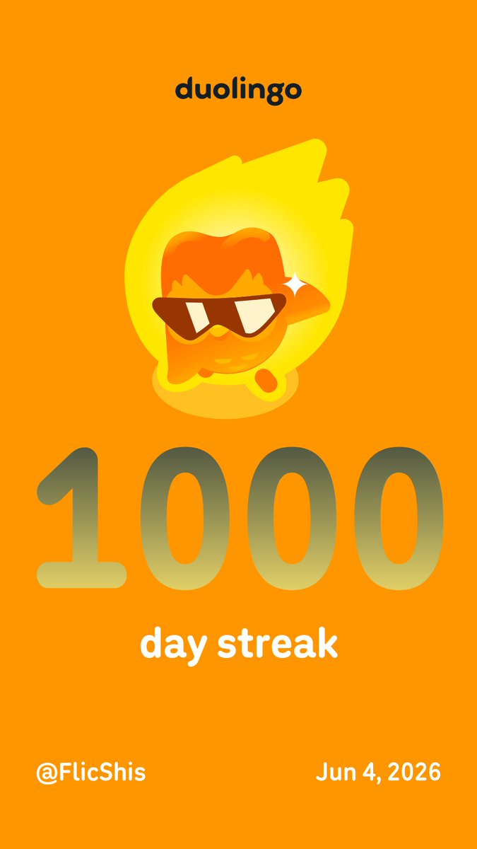 FlicShis's tweet photo. 1000 Days Strong keeping  Duo happy on @duolingo ! 🙂🧡 https://t.co/64vMDkZX0w