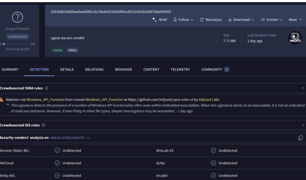Declinee18's tweet photo. I will add that building ML models is acc rlly fun when u can take ur domain expertise and apply it to malware classification.

Here's a low detect macho backdoor we caught deployed via malicious npm package
https://t.co/GBK6y5Gp32 https://t.co/XYcbMNzfSq