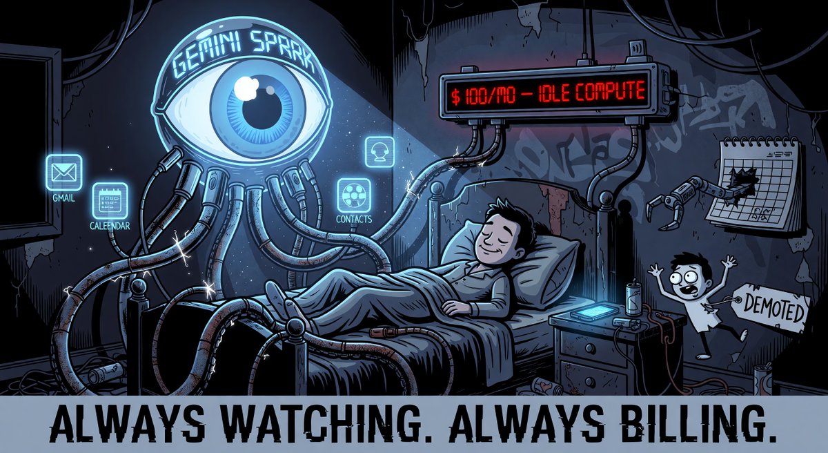 CodeChap's tweet photo. Google's Gemini Spark lives on a $100/mo cloud VM and acts while you sleep.

Reviews call it "shockingly good." They still can't say if the privacy hit is worth it.

You're not the user. You're the signal it optimizes against. https://t.co/VU8ARVhTZ7